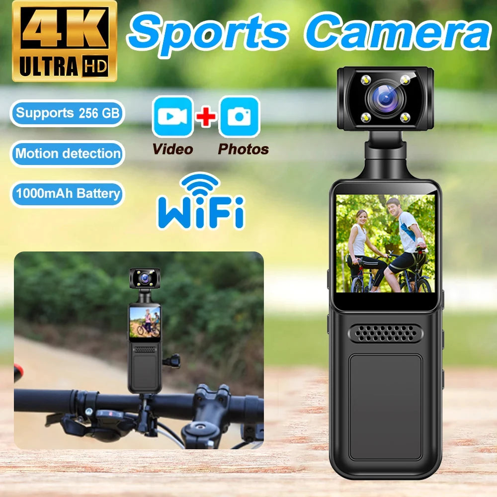Caméra d’action portable 4K Ultra HD rotative 180° avec WiFi vision nocturne infrarouge pour vlog sport vélo et enregistrement vidéo