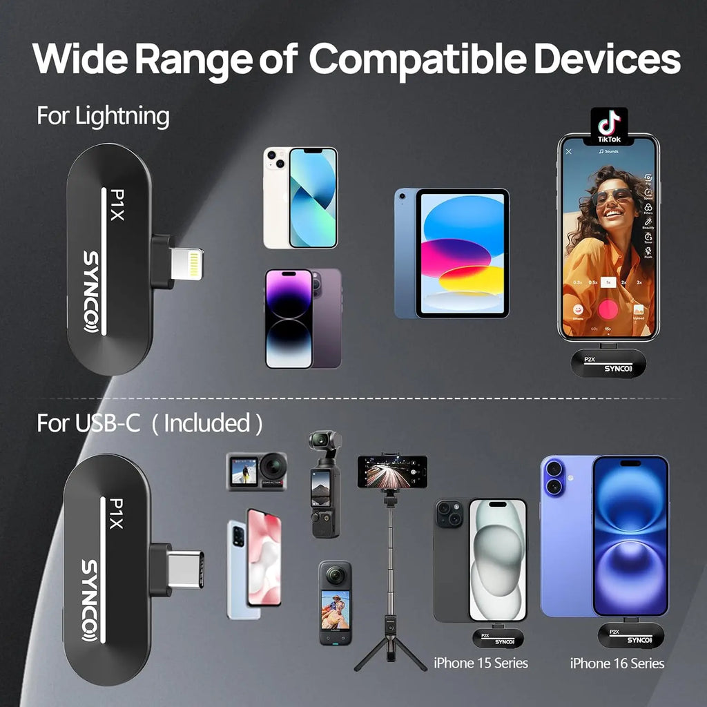 Micro sans fil SYNCO USB-C pour iPhone 15 16 Pro Max Samsung Google Pixel compatible TikTok et enregistrement mobile