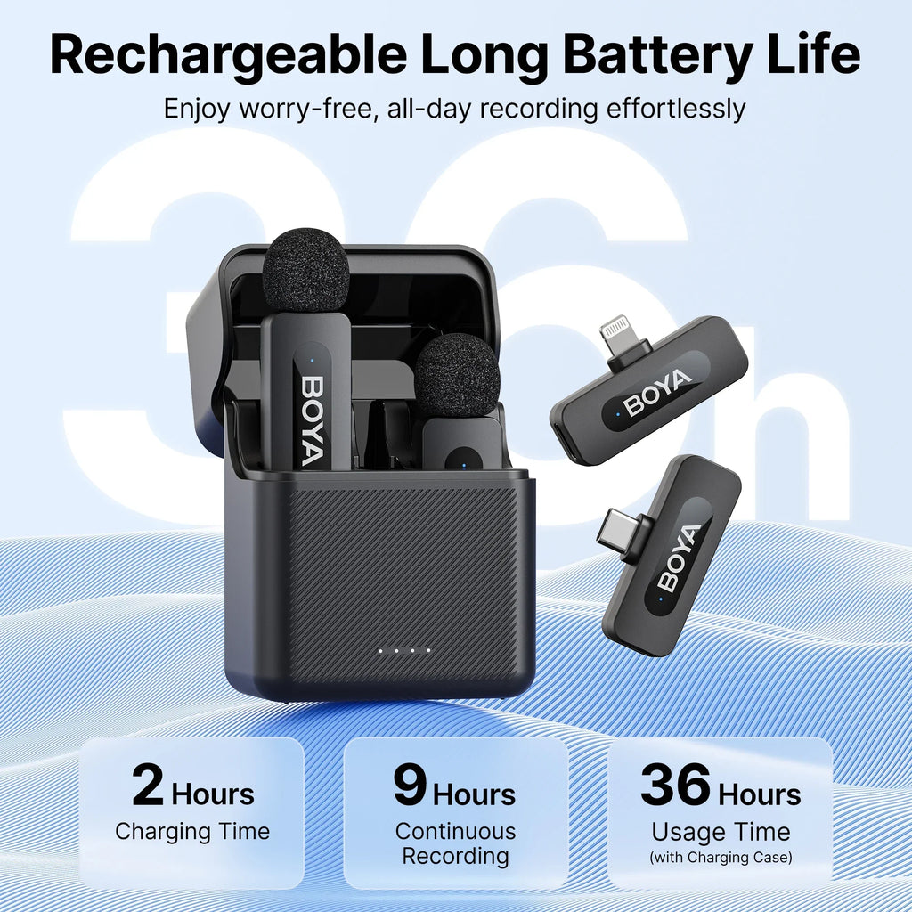 Micro cravate sans fil BOYA rechargeable avec réduction de bruit – compatible iPhone, Android et caméra
