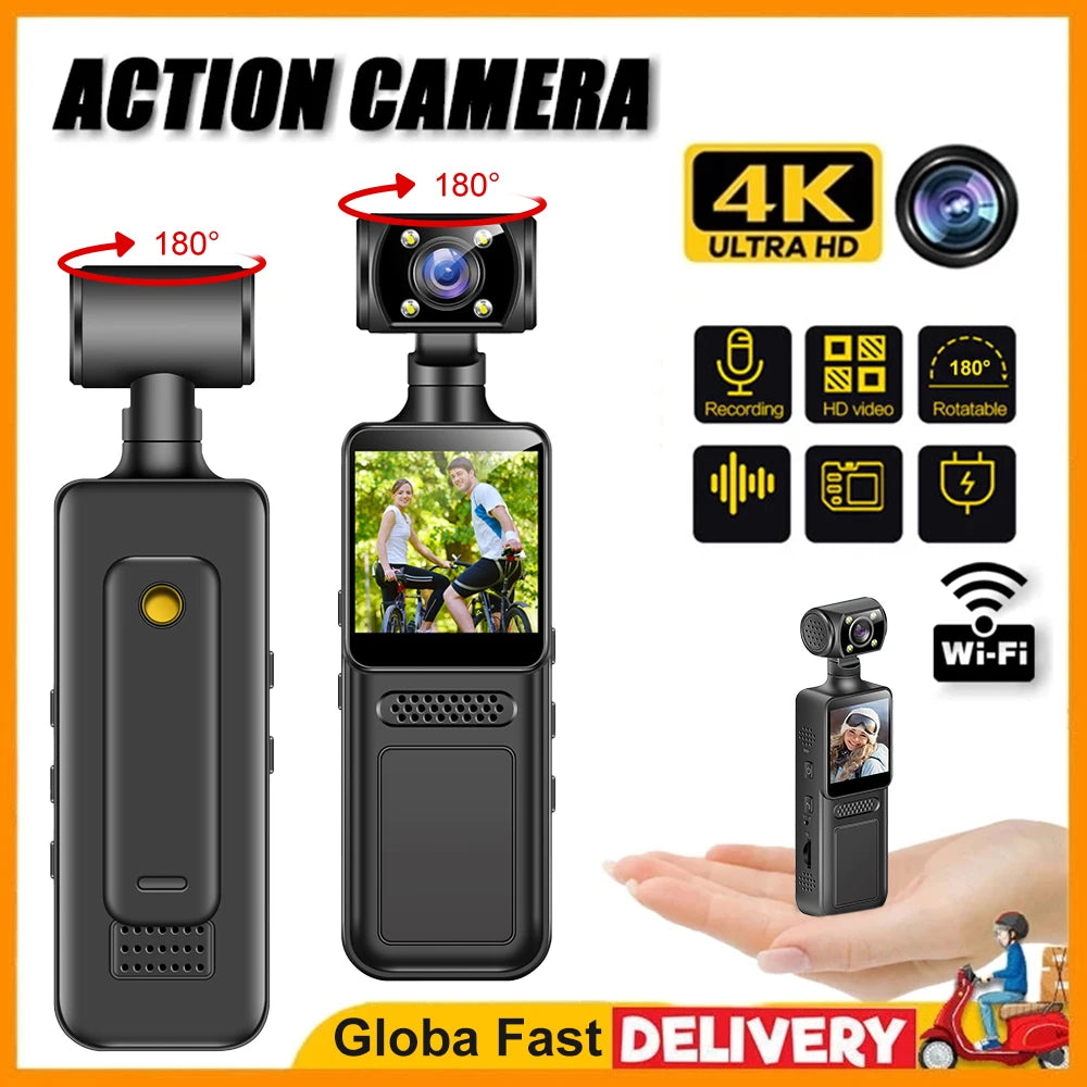Caméra d’action portable 4K Ultra HD rotative 180° avec WiFi vision nocturne infrarouge pour vlog sport vélo et enregistrement vidéo