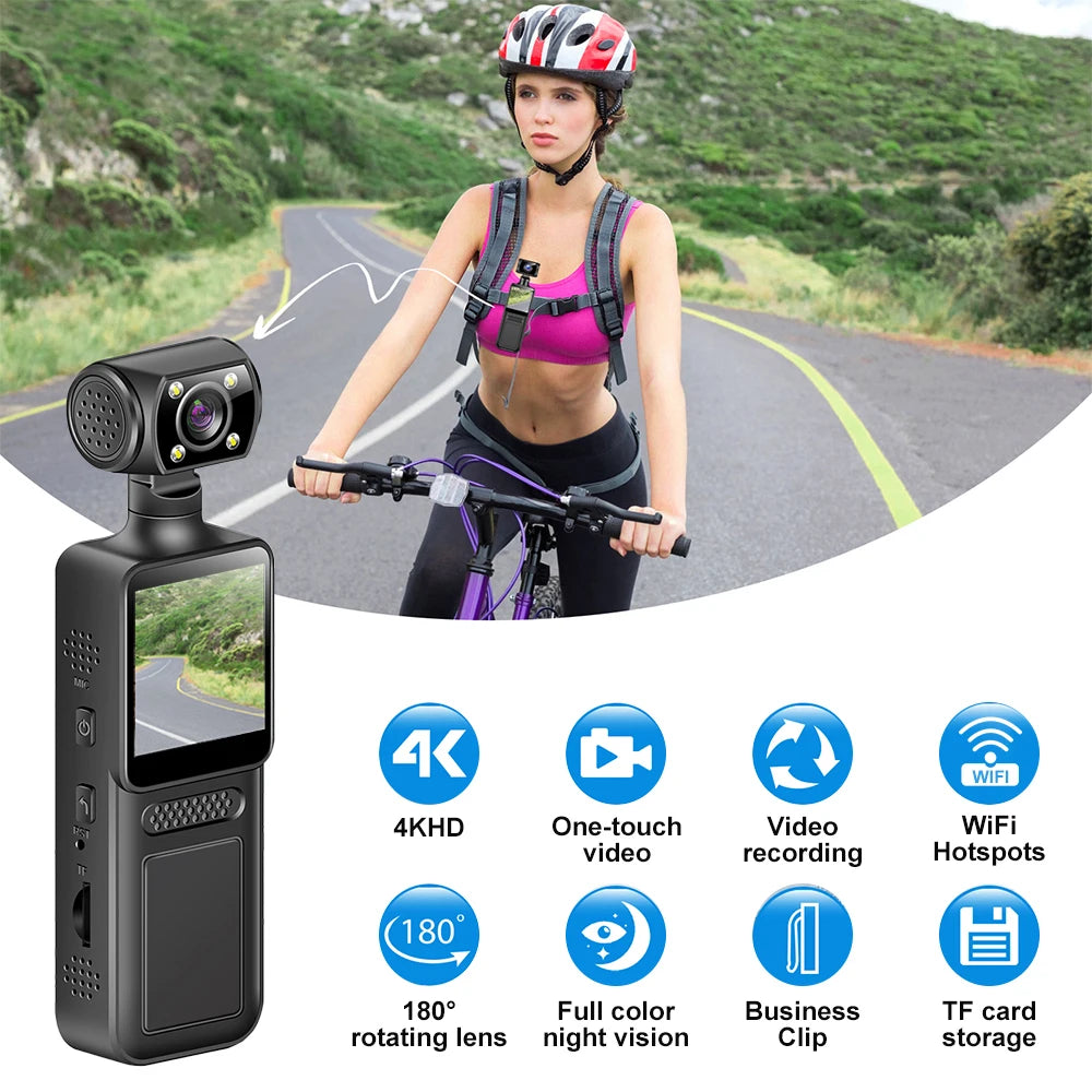 Caméra d’action portable 4K Ultra HD rotative 180° avec WiFi vision nocturne infrarouge pour vlog sport vélo et enregistrement vidéo
