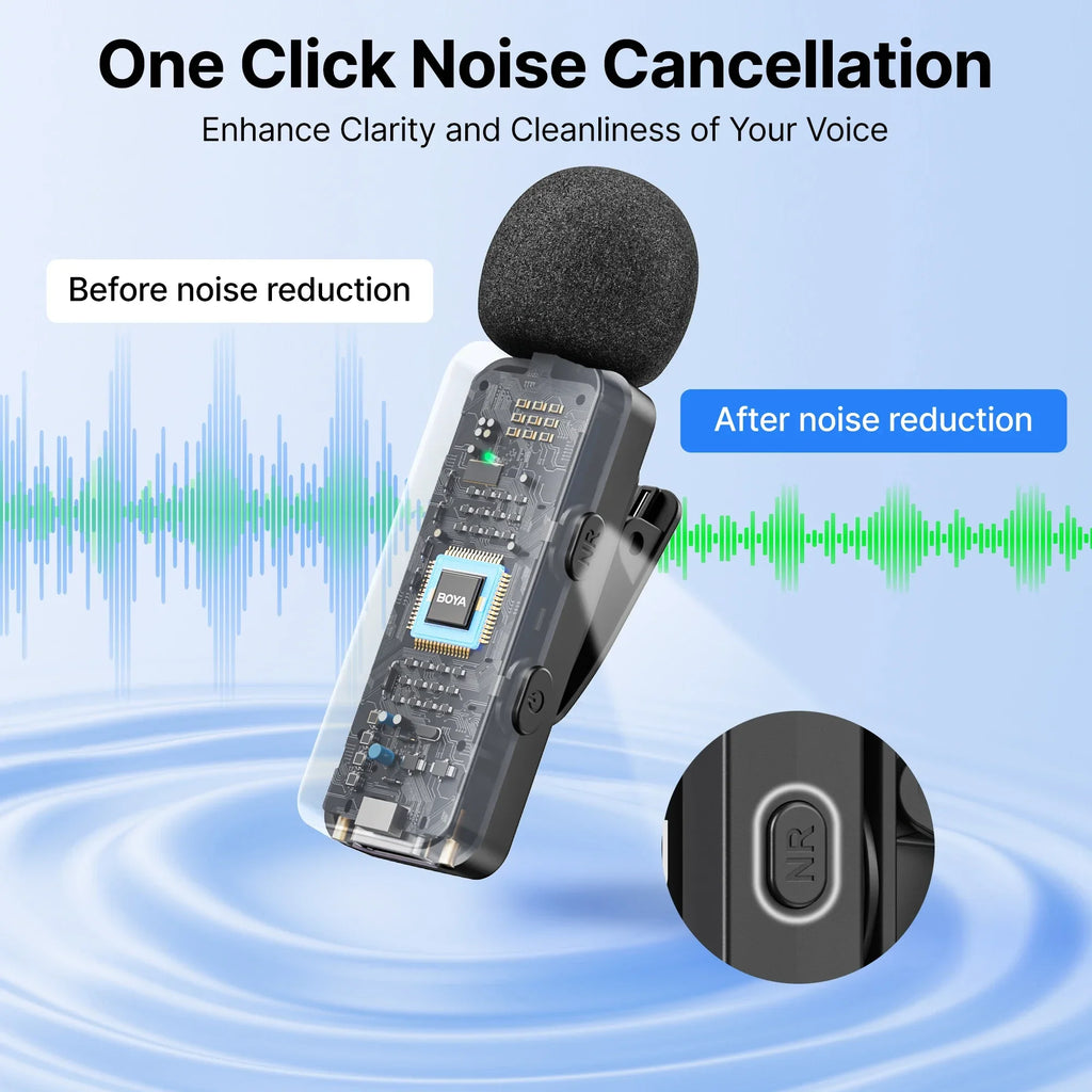 Micro cravate sans fil BOYA rechargeable avec réduction de bruit – compatible iPhone, Android et caméra